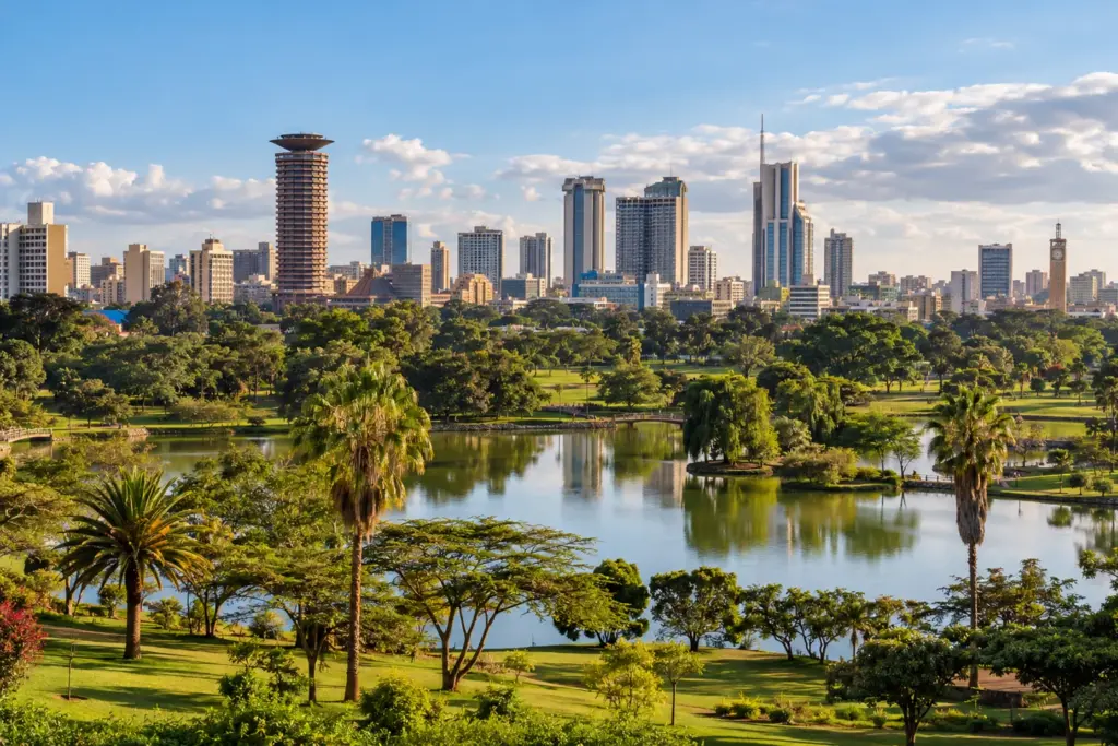 Nairobi, puerta de entrada al safari en Kenia Panorámica de Nairobi con zonas verdes y edificios urbanos, durante el viaje safari Kenia Basic Nakuru.