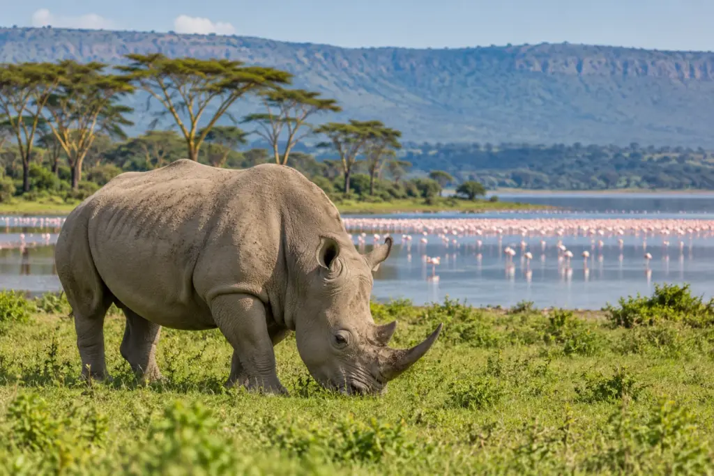 Rinocerontes del Lago Nakuru, Kenia Rinoceronte blanco en una pradera junto al entorno del Lago Nakuru.