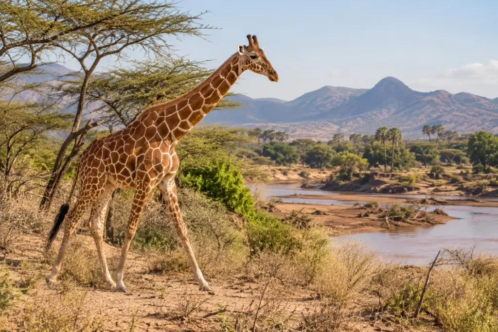 Jirafas reticuladas en Samburu, Kenia Jirafa reticulada entre acacias en el paisaje de Samburu, durante el viaje luna de miel en Kenia y Zanzíbar.