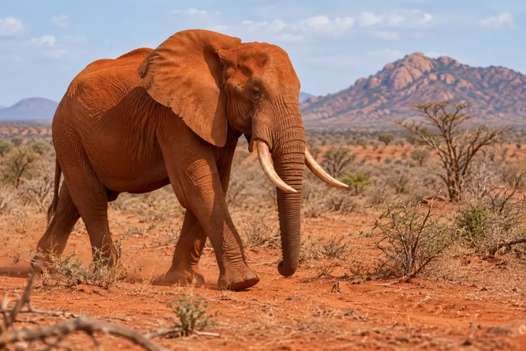 Elefante cubierto de polvo rojizo en el paisaje de Tsavo Este.