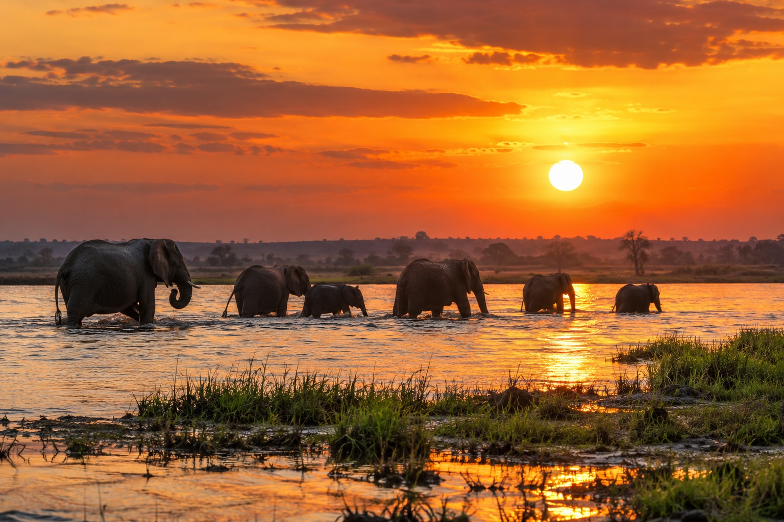 Elefantes junto al río Chobe cerca de Kasane