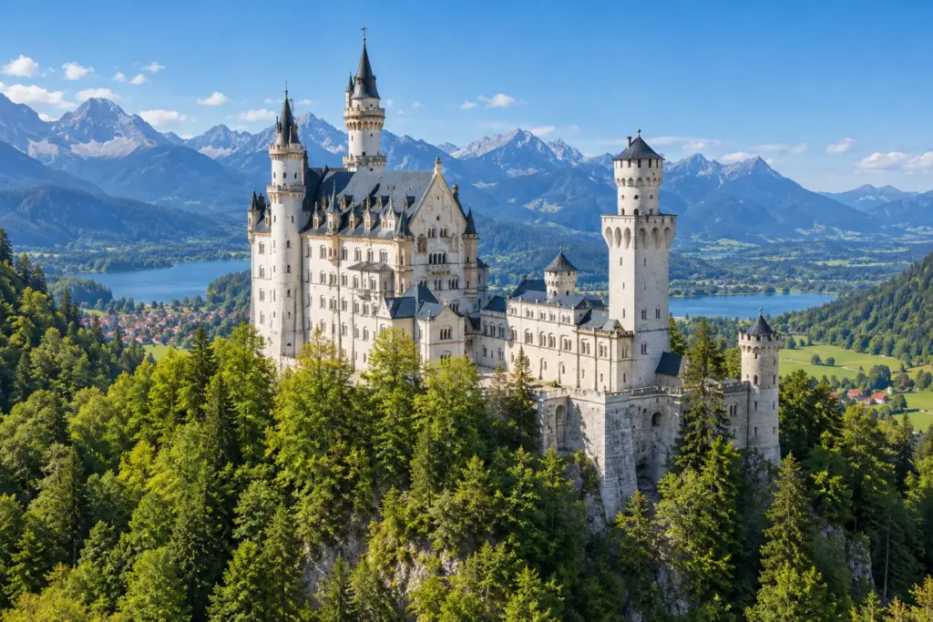 Castillo de Neuschwanstein en Baviera Castillo de Neuschwanstein rodeado de bosques y montañas bávaras, durante el viaje Alemania Legendaria.