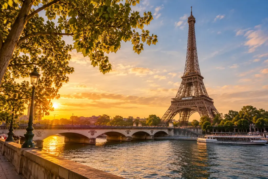 Torre Eiffel y río Sena en París Torre Eiffel junto al Sena al atardecer en París, durante el viaje París y Países Bajos.