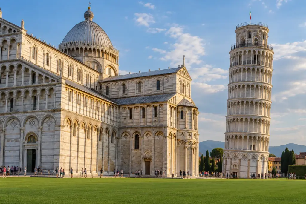 Torre inclinada y catedral en la plaza de los Milagros de Pisa
