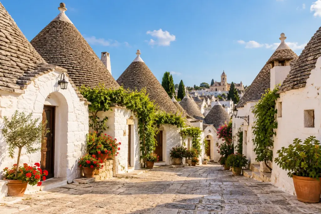 Trulli de Alberobello con sus tejados cónicos, Puglia