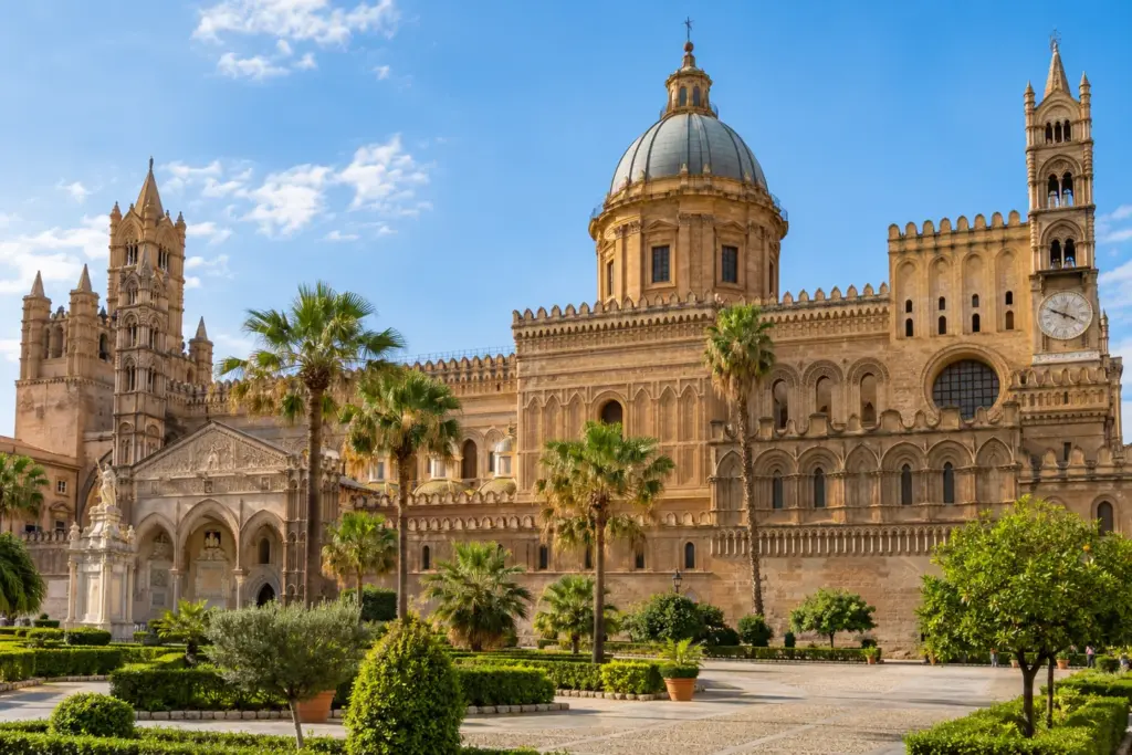 Catedral de Palermo entre palmeras, Sicilia, viaje a Sicilia desde Palermo