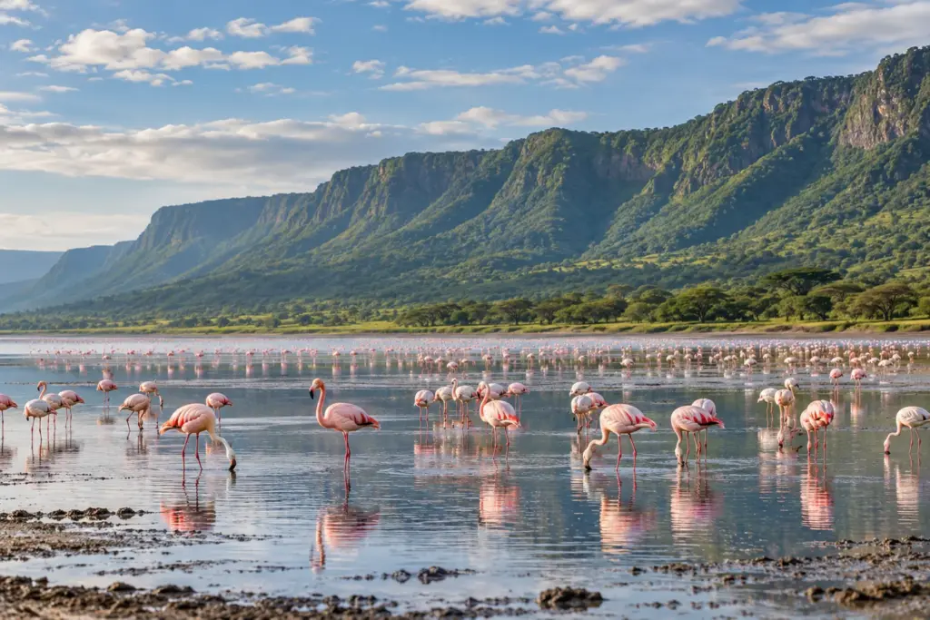 Lago Manyara y Valle del Rift Flamencos en aguas poco profundas del Lago Manyara.