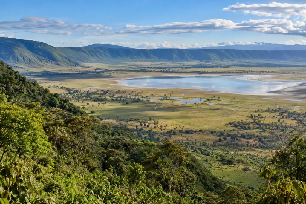 Cráter del Ngorongoro, safari en Tanzania Panorámica de la caldera del Ngorongoro con praderas y lago.