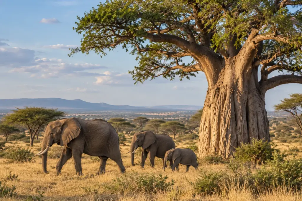 Elefantes y baobabs de Tarangire Elefantes junto a un gran baobab en el paisaje de Tarangire.