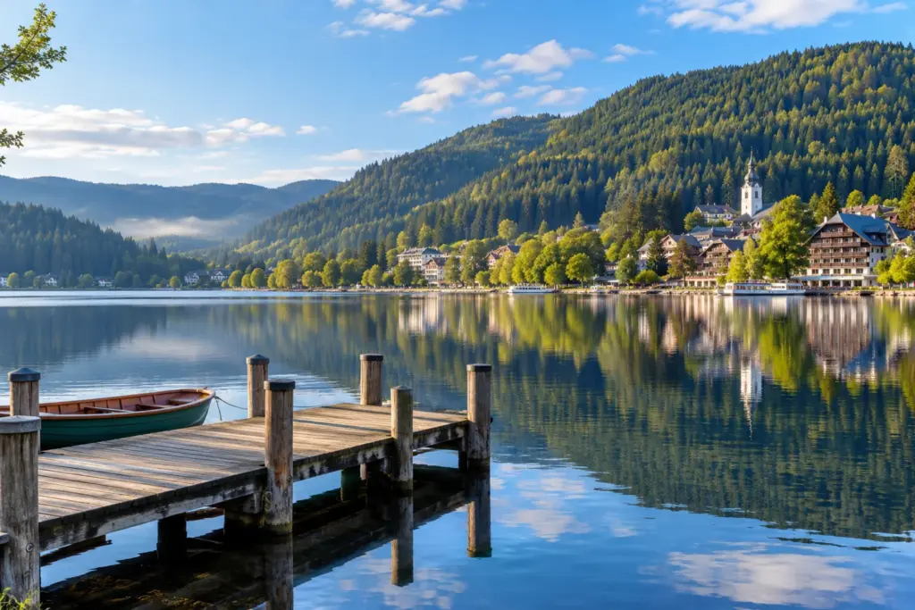 Aguas del lago Titisee rodeadas de montañas boscosas.