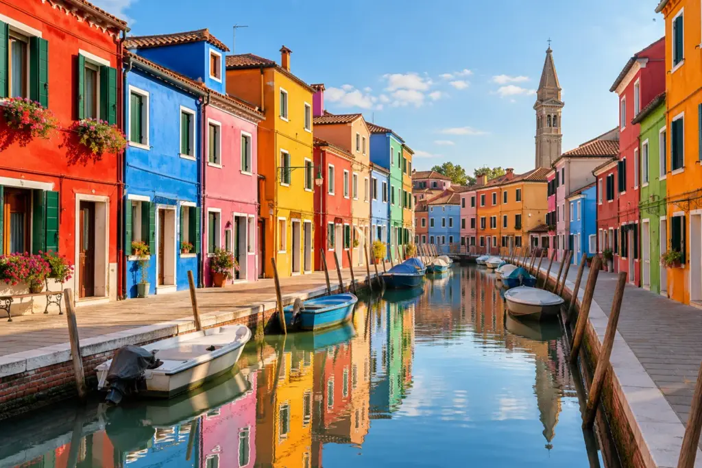 Casas de colores junto a los canales de la isla de Burano, Venecia