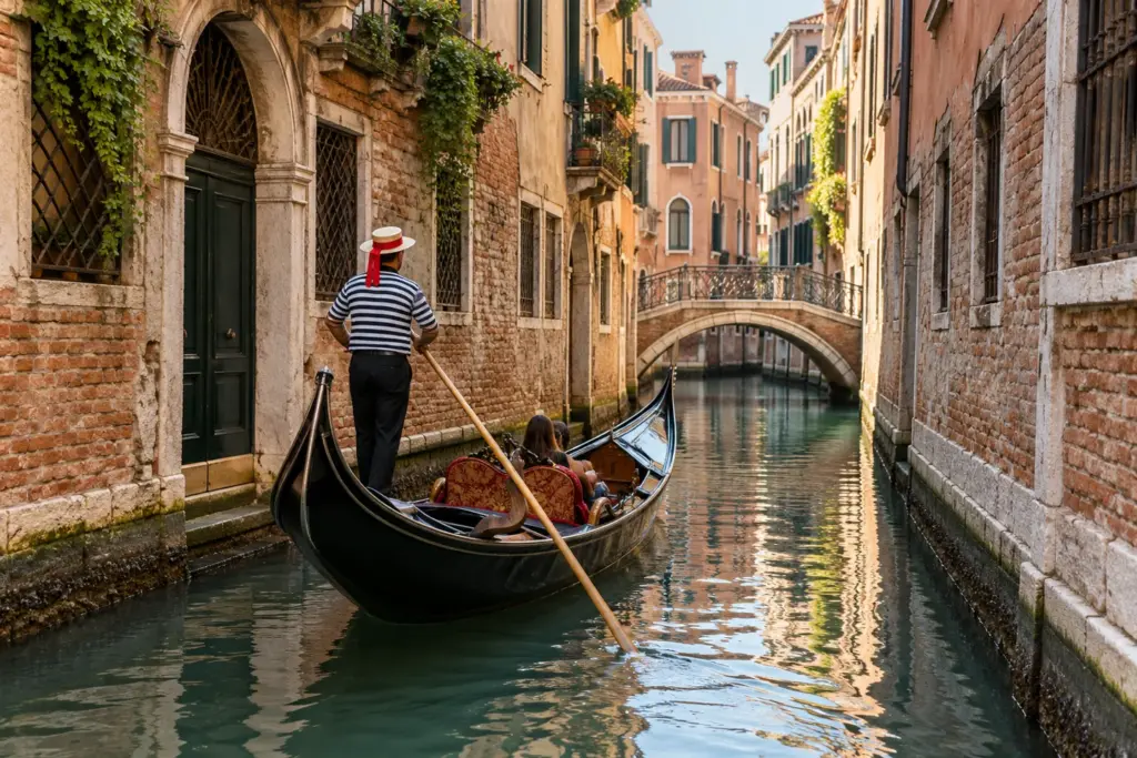 Góndola tradicional navegando por un canal de Venecia