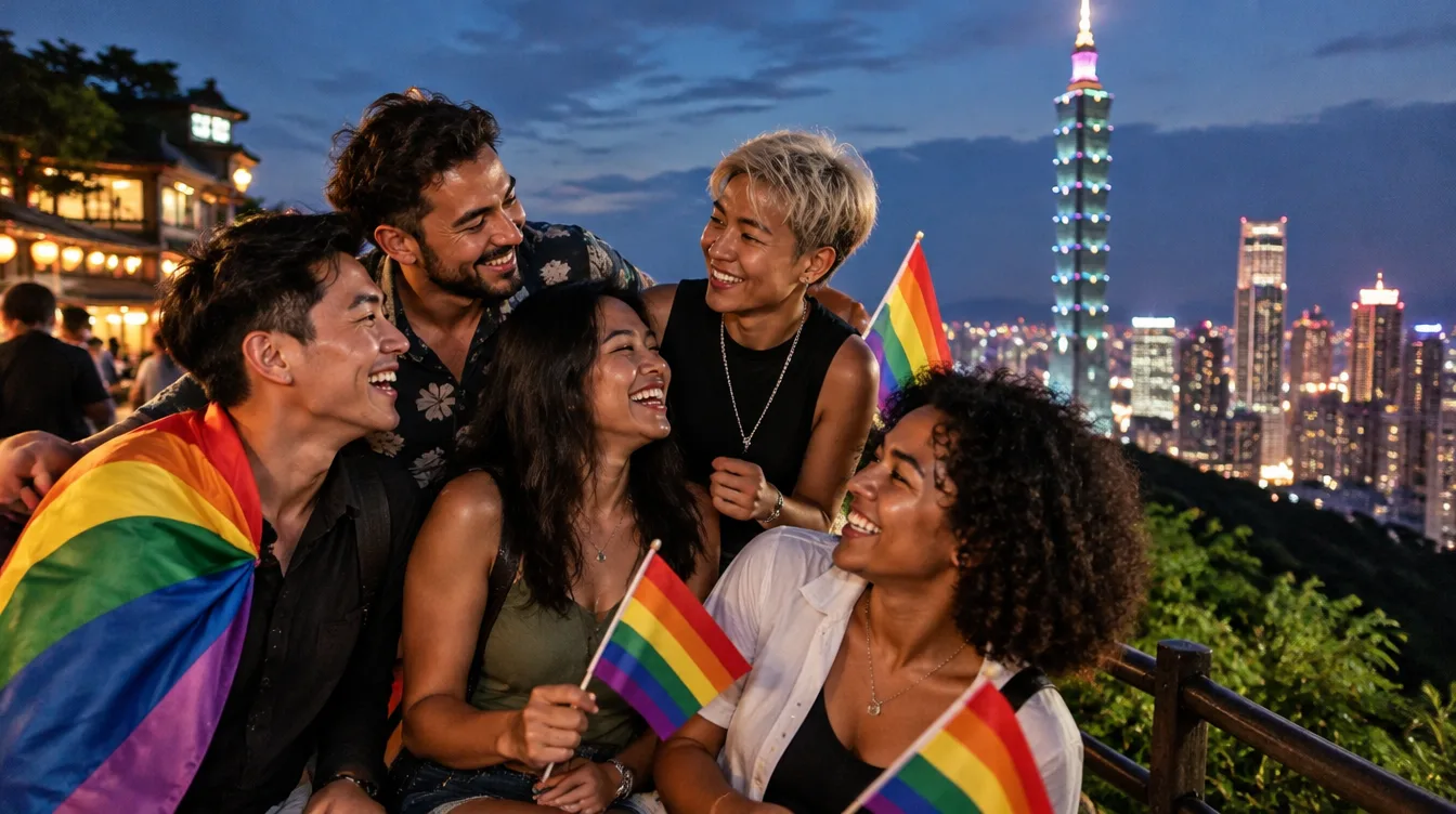 Grupo de amigos LGBTQ+ con banderas arcoíris frente al Taipei 101